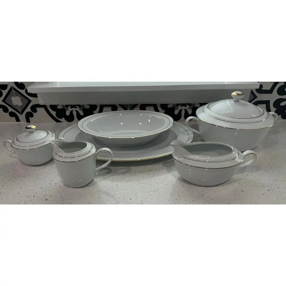 6 piece Noritake White Scapes Sugar/Creamer,Gravy Boat,Platter & Serving Bowl
